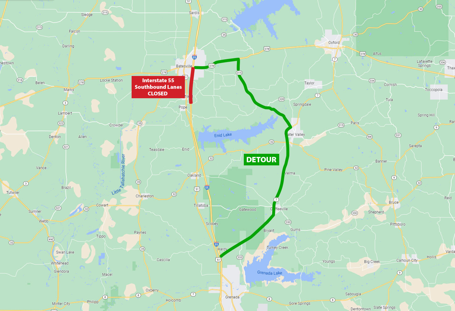 TRAFFIC ADVISORY Interstate 55 southbound CLOSURE in Panola County